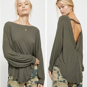 Free People | Oversized Army Green Shimmy Shake Ribbed Open-Back Top Small